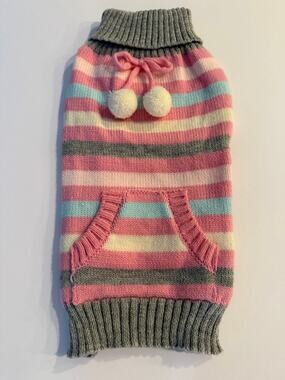 Smoochie Poochie Size Medium Striped Knit Dog Sweater - Pink Blue Gray Pom Poms